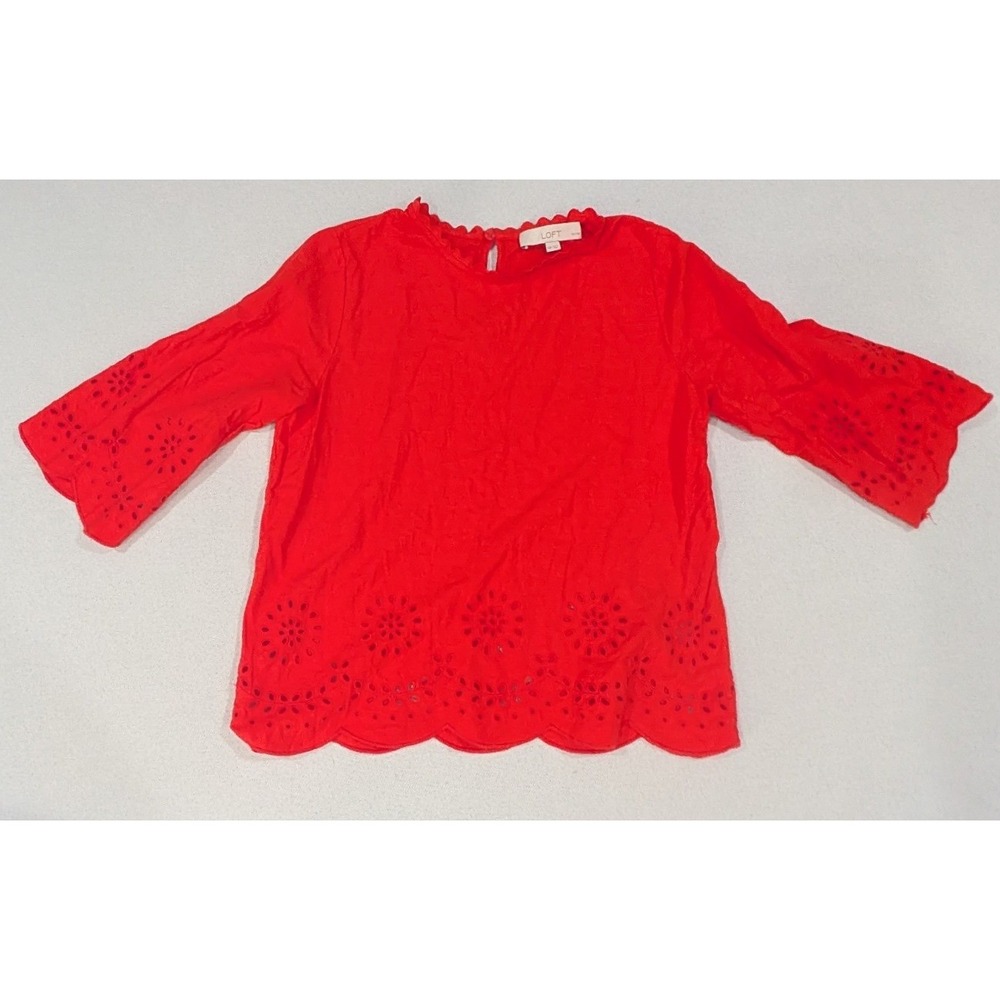 Loft Blouse Women XSP Red Excellent Eyelet Embroidered Scallop Hem 3/4 Sleeve